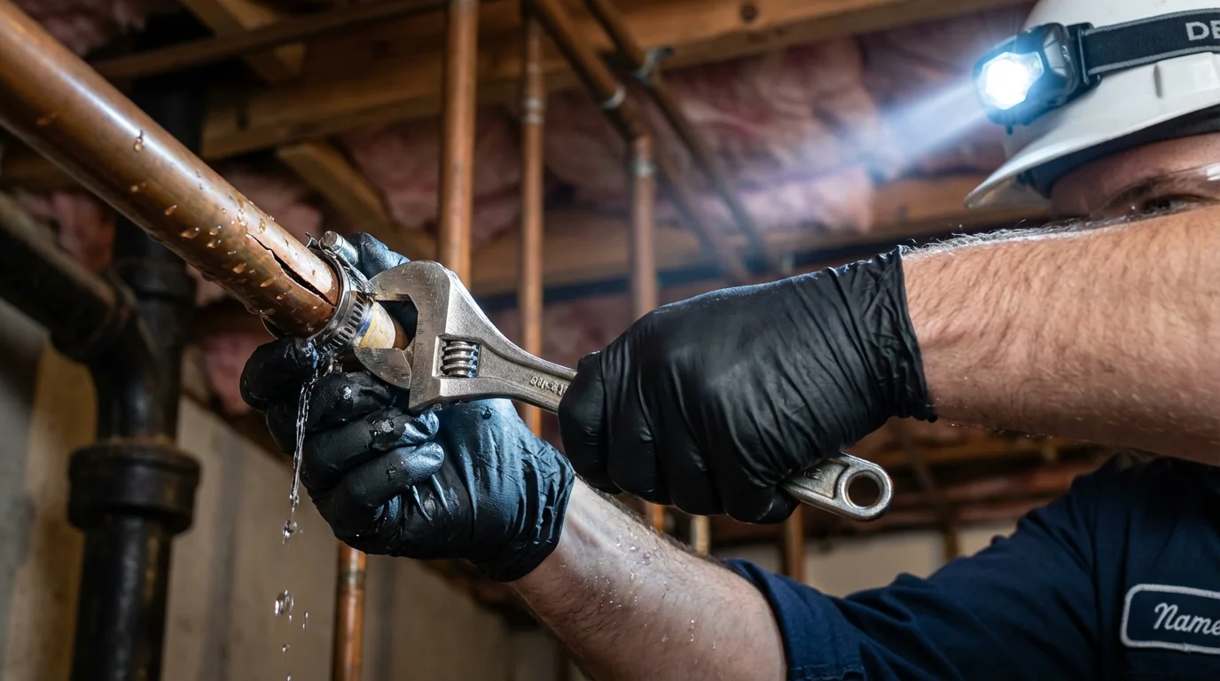 Emergency pipe clamp repair being performed by a Johns Plumbing LLC plumber in Myrtle Beach